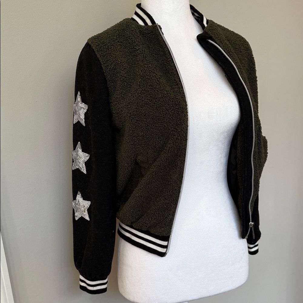 Limited Too Olive Army green and Black Varsity Jacket with sequins Stars